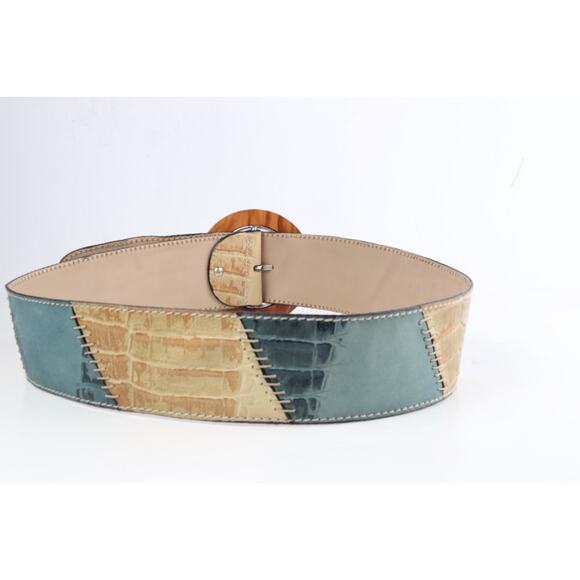 Green Baige Patchwork Leather Round Buckle Wide Adjustable Waist Belt Size 90 main image 5